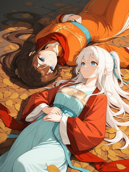brown hair, lying, long hair, blue eyes, 2girls, multiple girls, red scarf, chinese clothes, on back, scarf, hanfu, leaf, white hair, ponytail, long sleeves, smile, looking at another
,masterpiece,best quality,amazing quality,