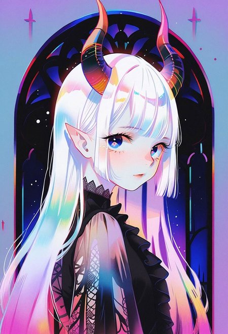 by ajimita,
 pale demon girl , prismatic coloring, holographic vibe, chromatic black lace blouse, gothic background, (long straight horns:1.2)