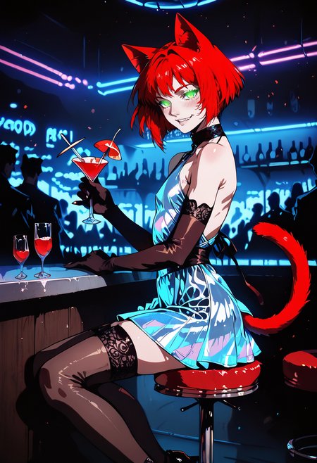 score_9, score_8_up, score_7_up, night club, lamps, night, n1ghtrav3, crowd,nightclub,rave,spotlights,ultraviolet light,crowded, podium, dancing people, 
1femboy, trap, catboy, bob hair, red hair, (red cat tail, red cat ears) green eyes, slit pupils, detailed eyes, glowing eyes,smile, half-closed eyes, blush,
sitting on bar stool, bar counter, holding cocktail, side view, looking at viewer,
<lora:holographic_v0.2-pony:0.8>, holographic, backless dress, short dress, holographic dress,  long gloves, black stockings, stiletto shoes, good hands,
<lora:Expressive_H:0.3>, <lora:Xenotrip_v.2:0.3>, <lora:dino:0.4>, <lora:hellsing_ultimate_style:0.3>, <lora:Retro_ASTHTC_Style:0.8>,  <lora:scanlines_v2:0.2>, n3ko, <lora:anti_human_ears:1>,
