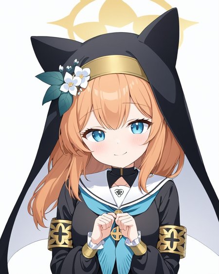 mari \(blue archive\),1girl, animal_ear_headwear, solo, nun, white_background, simple_background, halo, smile, looking_at_viewer, habit, sailor_collar, seiza, blush, facial, long_sleeves, blue_neckerchief, hat_flower
<lora:mari_(blue_archive)_image2498_2023-11-28-000008:1>halo. gorgeous,key visual, vibrant, studio anime,award-winning, professional, highly detailed,high budget, cinemascope