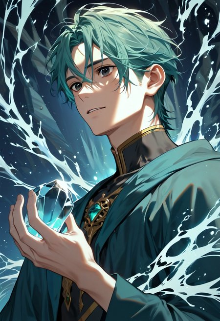 score_9, score_8_up, score_7_up, score_6_up, , male  late twenties chiseled, berber, black eyes, small ears   protruding jaw   pear face shape   , teal waves haircut hair, loneliness,  holding a crystal for heightened intuition, seeking inner guidance,   arcanist, enchantment , tracing glowing sigils in the air with fingertips, activating magic, glowing runes, (cowboy_shot:1.5) ,powerful artistic vision of . breathtaking masterpiece made by great artist. best quality, high resolution, <lora:pony\sdxl_lightning_8step_lora.safetensors:1.0:1.0> <lora:add_details_xlpony.safetensors:1.0:1.0> <lora:pony\style\artist\Jun_Shiosato__Artist__Style.safetensors:0.8:0.8>