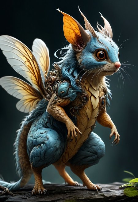 Create a stunning and highly detailed concept art of a hybrid creature inspired by a flying squirrel and centipede. Use cinematic colors and dynamic lighting to showcase the creature in a dramatic and visually striking manner. Incorporate subtle muted tones and precise anatomy to bring out the aesthetic appeal of the creature. Make use of digital painting techniques and render the artwork in a cinematic atmosphere. Aim for an epic and awe-inspiring portrayal of this unique hybrid creature.