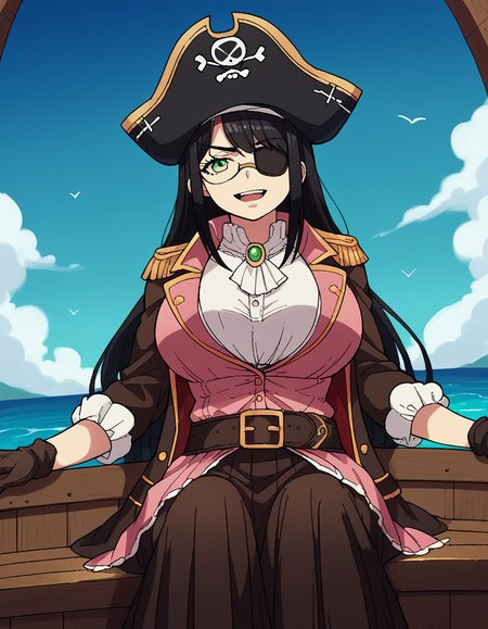 score_9, score_8_up, score_7_up, source_anime, <lora:yuzuki-hanyuu-s1-ponyxl-lora-nochekaiser:1>, yuzuki hanyuu, long hair, black hair, green eyes, glasses, huge breasts,, <lora:pirate-costume-ponyxl-lora-nochekaiser:1>, pirate costume, pirate hat, skirt, gloves, jacket, shirt, eyepatch,, blue sky, sea, ocean, pirate ship, treasure, gold, smug, open mouth, from below, sitting,, , dutch angle, cowboy shot