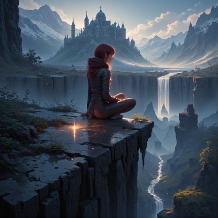 A lone female figure with vibrante auburn hair, draped in furs and dark fabric, sitting on a precipice overlooking a tenebrous, reflective water surface, legs dangling off the edge. Looking out at the mountinous landscape, a lone castle in the distance with a parrilous trail leading up to it. Their form is mirrored below in the water. dreamwave, aidmaGlow   <lora:FLUX - Booster for Glow Lightning Reflection Illumination ( aidmaGlow ):0.8> <lora:FLUX - Dreamwave Abstract Style ( dreamwave ):0.6>