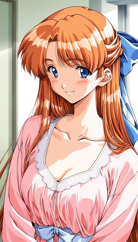 score_9, score_8_up, score_7_up, source_anime, rating_explicit, BREAK  <lora:Kobayakawa_Mizuho_XL:1> Kobayakawa_Mizuho, blue eyes, very long hair, orange hair, 1990s (style), bangs, breasts, 
1girl, solo, bow, hair bow, dress, long sleeves, half updo, upper body, pink dress, collarbone, blush, ribbon, smile, indoors, jacket, blue bow, 
looking at viewer