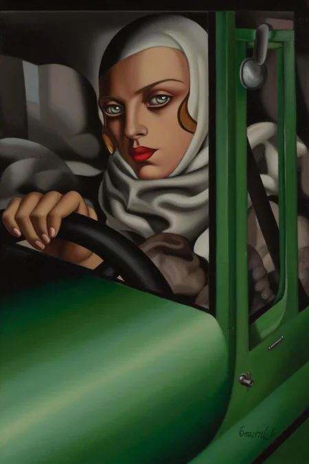 tamaradelempicka1 painting.
A woman in a white headscarf is seated in the driver's seat of a green car. She wears a vintage aviator leather skull cap. Her eyes are intense, and her lips are red. Her gloved hand is on the wheel. The background is abstract with dark and light shades. <lora:tamaradelempicka1_cap_d8a4:1.0><lora:863950108352317004:0>