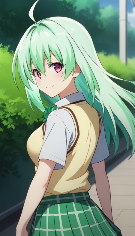 score_9,score_8_up,score_7_up,score_6_up BREAK official art,solo,outdoors,upper body,(portrait:1.5),looking at viewer,facing viewer,smile,blush,Run Elsie Jewelria,ahoge,long hair,green hair,floating hair,hair between eyes,bangs,pink eyes,school uniform,sweater vest,yellow vest,white shirt,collared shirt,green bowtie,short sleeves,medium breasts,miniskirt,green skirt,plaid skirt,pleated skirt,black socks,loafers,<lora:Run Elsie Jewelria(tlr)-Pony:1.6>,