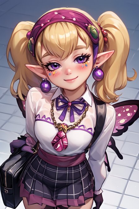 score_9, score_8_up, score_8, medium breasts, (curvy), cute, eyelashes,       BREAK, , <lora:Agitha_Zelda_PDXL:0.8>,  zzAgitha, purple eyes, blonde hair, twintails, pointy ears, jewelry, earrings, gloves, dress, butterfly wings, , BREAK, closed mouth, alternate costume, smile, looking at viewer, collared shirt, blush, sweater, black skirt, eyelashes, long sleeves, sleeves past wrists, plaid skirt, shoulder bag, black bag, blurry, tile floor, pleated skirt, white shirt, cowboy shot,  embedding:zPDXL, Expressiveh,  <lora:Vivid:0.7>,  <lora:Uncensored_PonyXL_cpt_v02.09:0.4>,  <lora:Expressive_H-000001:0.4>,