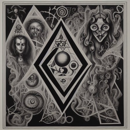 gorgeous surrealist gothic artwork with intertwined symbols and intricate designs inspired by Austin Osman Spare, Escher, Rodchenko, john martin, dali, and Durer. strange degenerate crank banknote printers, triangle, cubism simple primitive encephalogram baroque baron inside pandemonium black metal esoteric collage of hell, an expressionist line drawing of hades, enveloping smoke abstract chenrezig tummo aura, surreal, an electrified wiring diagram, a cracked photograph, having an aura of murk