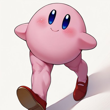 score_9, score_8_up, score_7_up BREAK LongKirby, dark blue eyes, pink body, blush, red shoes, smiling at viewer,