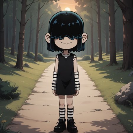 score_9, score_8, BREAK, solo, Lucy_Loud_(The_Loud_House), black hair, goth girl, hair over eyes, pale skin, long striped arm sleeves and stockings, black dress worn over a striped shirt, black shoes, self portrait, smile, looking at viewer, outdoors, sunlight, shadows, evening lighting, natural lighting, forest, trees, grass, orange sky, sunset