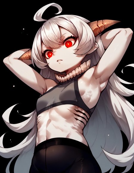 score_9,score_8_up,score_7_up,source_anime,1girl,
upper body,from below,looking down,arms behind head,parted lips,dark theme,small breasts,
<lora:newbattleshipprincess_ponyXLV6:0.7>,asnbpr,
pale skin,red eyes,long hair,white hair,ahoge,horns,grey tank top,gills,
black pantyhose