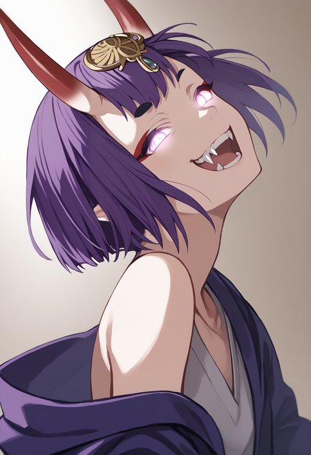 score_9, score_8_up, score_7_up, score_6_up, source anime, BREAK
oni, 1girl, solo, oni horns, makeup, purple hair, shuten douji \(fate\), bob cut, bare shoulders, hair ornament, open clothes, 
<lora:shaft_head_tilt-PD-1.0-all:1> shaft head tilt, open mouth, glowing eyes, fangs, grin,