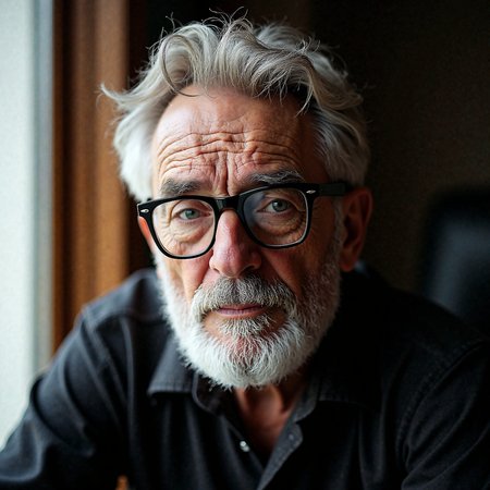 a professional portrait of an elderly man, likely in his late 60s or early 70s, he has a wrinkled, aged face with prominent cheekbones and a full, neatly trimmed beard, his eyes are large and almond-shaped, with a calm, contemplative expression, he wears thin, black-framed glasses that add a touch of intellectualism to his appearance, the man's hair is short and wavy, with some strands framing his face, the background is blurred, but it appears to be an indoor setting with soft, natural light streaming in from a window on the left, casting a warm glow on the subject, the overall mood of the portrait is introspective and slightly melancholic, with the subject's gaze directed towards the viewer, the photograph is rich in detail, capturing the texture of his skin and the folds of his clothing, emphasizing his age and the ruggedness of his face