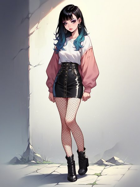 source_anime, score_9, score_8_up, score_7_up, score_6_up, score_5_up, <lora:egirlXLP:0.8> egirl, 1girl, solo, makeup, black hair, gradient hair, ear piercing, eyeshadow, fishnet pantyhose, full body,