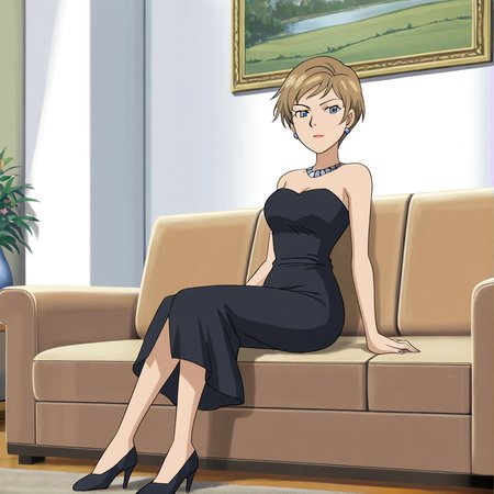 <lora:topaz_illustrious:1>, (masterpiece), (best quality), (ultra-detailed), amazing quality, very aesthetic, illustration, perfect composition, intricate details, absurdres, incredibly absurdres, topazsonicx, 1girl, solo, brown hair, short hair, lipstick, blue eyes, jewelry, earrings, blonde hair, indoors, living room, black dress, strapless, breasts,  looking at viewer, sitting, high heels, necklace, couch,