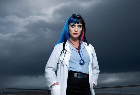 cinematic film still, saturated colors,  negative space, 
1 adult woman, civitai-chan, braided bangs
(breaking bad style), 
face of Marie Schrader,
(solo female focus), 
labcoat, shirt, shirt tucked in, single vertical stripe, black skirt, pencil skirt, pantyhose, necklace, belt
multicolored hair, black hair, blue hair, blue eyes 
leading lines, 
backdrop is bluesky_style, gray sky, sunset