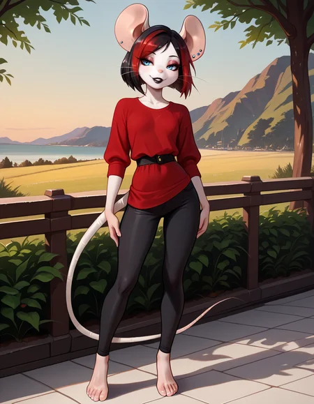 masterpiece, best quality, very aesthetic, absurdres,
outdoors,
full body, standing, posing, 
casual, 
seductive smile, parted lips, long eyelashes,
 <lora:Francis_v01_NAIXL:1>
Francis,1girl,solo,furry female, mouse girl, mouse ears, ear piercing, earrings, short hair, multicolored hair, red hair ,black hair ,blue eyes, eyeshadow, animal nose, whiskers, black lipstick, piercing, body fur, white fur, mouse tail,