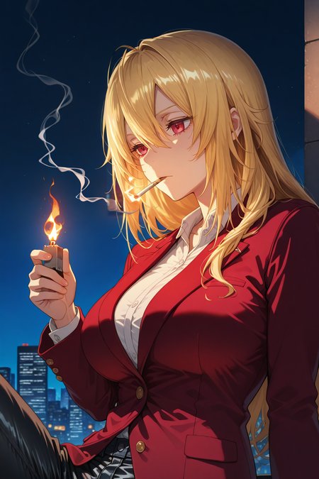 masterpiece, best quality, <lora:Angelica Rapha Redgrave-Illustrious-lora-Faxtron:1> angelica, red eyes, blonde hair, long hair, hair between eyes, large breasts, Velvet blazer, black jeans, <lora:cigarette2XLP:1> cigarette, smoking, mouth hold,, fire, lighter, holding, night sky, city,