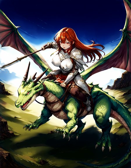 score_9,score_8_up,score_7_up,masterpiece,zPDXL3,<lora:Pony_DetailV2.0:1>,sky BREAK 1girl,1other,large breasts,
BREAK wyvern rider,dragon riding,knight,green dragon,polearm,holding polearm,holding weapon,flying,breastplate,<lora:wyvern rider-pony-v35:1>,fighting stance,charging forward,from above,open mouth,