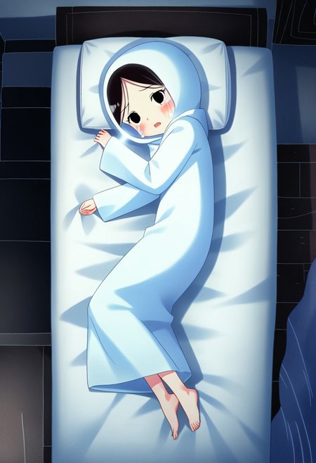 zPDXL3, source_cartoon, Perfect Hands, full body,
1girl, solo, bedroom, looking at viewer, saoirse, black hair, black eyes, blush, ghost, hood up, robe, barefoot, glowing, lying on bed, from above, lying on side, facing at viewer, feeling cold, eyes open, crying sadly, open mouth, sleeve past wrist, slim body, long body, highlight cloth wrinkle, anime style,
<lora:Perfect Hands:1>  <lora:Saoirse_-_The_Song_of_the_Sea-000009:1>