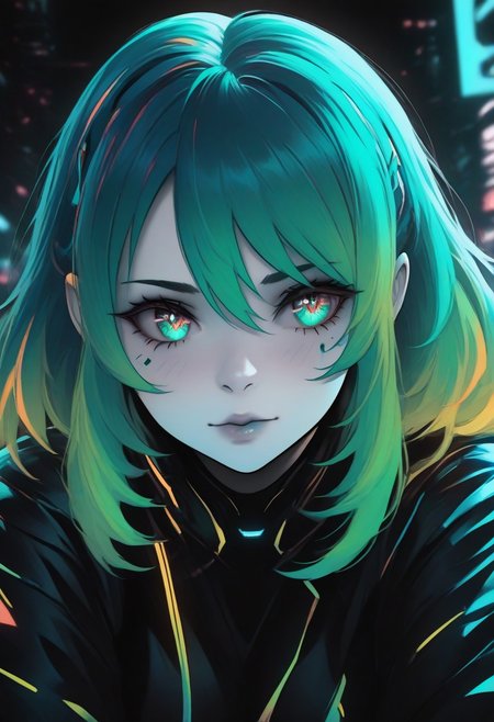 1girl, dual tone neon green hair, CatGirlNeonStyle, pale skin, CatGirlStyle, Smooth Quality, dual tone coloring, adult, cybernetic enhancements, noir, !!!