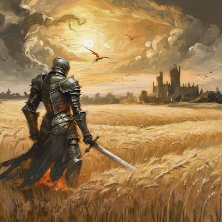 artmix06 a knight with a sword in a wheat field, in the background a mighty dragon and a burning village, very detailed<lora:artmix06:1>