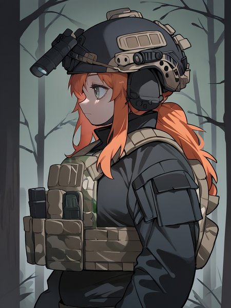 score_9, score_8_up, score_7_up, score_6_up, score_5_up,  tactical clothes, 1girl, ginger hair, solo, helmet, gloves, grey eyes, tactical clothes, jacket, closed mouth, from side, long sleeves, black gloves, load bearing vest, camouflage, upper body, black jacket, binoculars, tree, profile, curvy, plump. long hair,  <lora:tacticalclothesXLP:1>