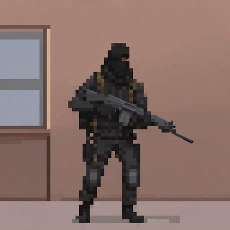 Middle eastern insurgent holding a rifle, in the middle of a federal bank during a heist, black suit, balaclava, duffel bag, fnfalrfl, pixel art