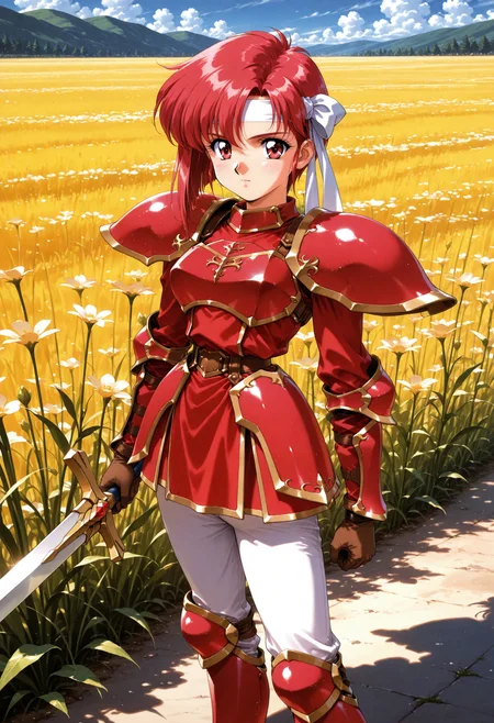 masterpiece,extreme detailed,day,outdoors,field BREAK cecil_(fe),1girl,solo,armor,gloves,short hair,headband,red hair,shoulder armor,short dress,dress,red eyes,pauldrons,red armor,armored boots,pants,<lora:cecil_(fe)-IL:1>,holding sword,1990s \(style\),