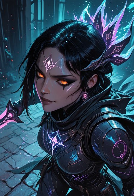 (masterpiece), (best quality), 8k, 1girl, celestial assassin, intense low lighting, glowing crescent blades, purple glow, dual-wielding, shadowed face, glowing eyes, dark eclipse sky behind her, glowing voidlight aura, Void crown, orange eyes, mystical sigils on ground, long flowing cloak fluttering, sci-fi fantasy armor with celestial patterns, moonlit silhouette, cinematic perspective, ethereal particles, radiant eclipse corona, sleek asymmetrical hairstyle, atmosphere of silent finality, black eyeshadow, 
Action Shot, Slashing blades, Fierce expression, partical effects, dynamic, Dynamic position, Dynamic angle, Combat, intense, intense expression, Anger, half smirk, 
Unique, close up, cowboy shot, dutch angle, foreshortening, 
From above, Looking at viewer, Close up, Face Focus,