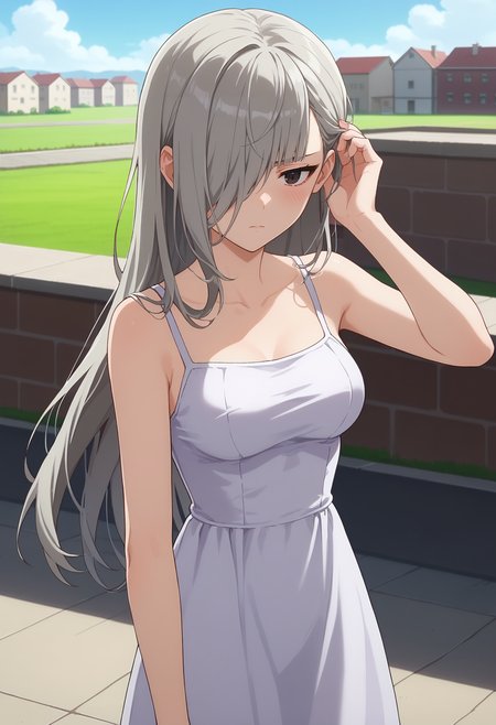 score_9, score_8_up, score_7_up, anime screencap, source_anime, 1girl, solo,
<lora:Horn_Danmachi_V1:.85>, KJOhorn, black eyes, grey hair, long hair, hair over one eye, 
white sundress, bare shoulders, expressionless, looking to the side, blush, embarrassed,
adjusting hair, wind,
rooftop,
(Beautiful, medium Breasts:1.2),
