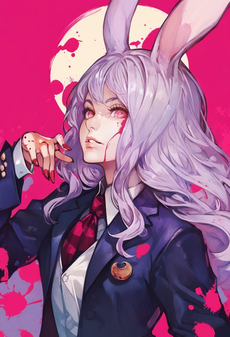 1girl, 
reisen udongein inaba,  
solo, animal ears, long hair, rabbit ears, blood, jacket, blazer, spot color, crescent, lips, pink eyes, checkered background, nail polish, paint splatter, red pupils, pink blood, expressionless, portrait, abstract, red nails, paint splatter on face, ringed eyes, looking at viewer, nose, parted lips, from side, light purple hair, eyebrows hidden by hair, necktie, red eyes, looking to the side, 
score_9, score_8_up, score_7_up, score_6_up
 <lora:banpaiakiraXL_P6_lokr_V4236:0.95>