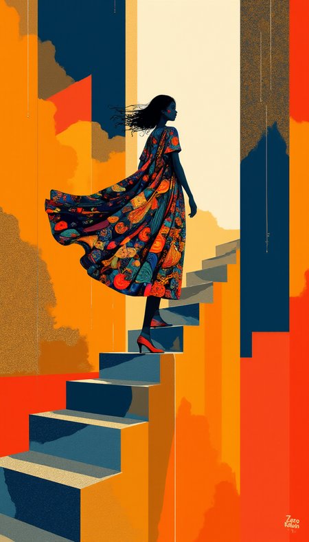 Caption:  
A striking, abstract silhouette of a person ascends a geometric staircase that twists and turns with vivid, angular patterns. The figure, draped in a flowing, multi-colored robe adorned with intricate designs, seems to embody elegance and determination. The staircase, composed of bold blocks of orange, blue, and gold, leads upward into an undefined space, symbolizing a journey of growth or discovery. Thin, delicate lines trail behind the figure, adding a sense of motion and grace to the scene.

Art Style:  
This artwork is rendered in a modern, geometric abstraction style, with influences from Art Deco. The composition features sharp, angular shapes and a vibrant color palette dominated by rich oranges, blues, and golds, creating a sense of dynamism and elegance. The figure is stylized, with minimal details that emphasize form and movement rather than realism. The overall effect is a sophisticated, visually compelling piece that evokes themes of progress, ambition, and the beauty of the journey. The "Zero Kelvin" watermark is subtly integrated into the lower portion of the staircase design, blending seamlessly with the angular patterns, ensuring it complements the overall aesthetic.