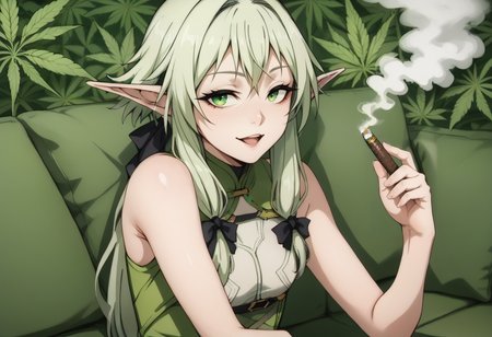 score_9, score_8_up, score_7_up, score_6_up, score_5_up, score_4_up, BREAK, <lora:high-elf-archer-s2-ponyxl-lora-nochekaiser:1> high elf archer, long hair, green eyes, bow, hair bow, black bow, sidelocks, green hair, pointy ears, elf, reclining, on couch, <lora:Blown_Smoke:0.7> smoke, smoking, looking at viewer, smile, open mouth half-closed eyes, (bags under eyes:0.8), marijuana, holding white cigar, smoking cigar, (bloodshot eyes:0.9), joint \(drug\), <lora:marijuana:0.8> marijuana background, relaxing