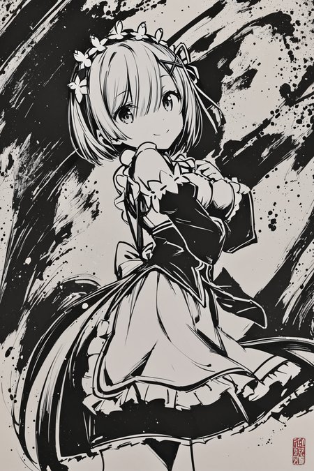 monochrome,greyscale,1girl,solo,rem (re:zero),x hair ornament,short hair,hair ornament,maid,looking at viewer,ribbon,maid headdress,long sleeves,dress,roswaal mansion maid uniform,smile,hair ribbon,puffy sleeves,frills,apron,bangs,closed mouth,medium breasts,black dress,juliet sleeves,cowboy shot,flower,hair between eyes,waist apron,
<lora:okazu_XL:0.9>,