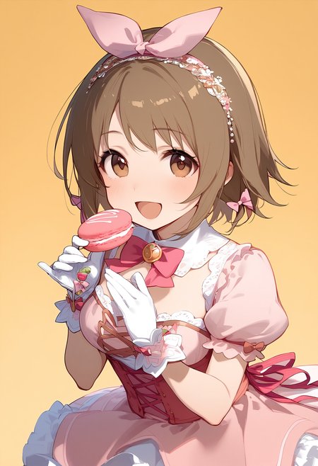 1girl,
mimura kanako,


solo, blush, puffy short sleeves, dress, puffy sleeves, short sleeves, holding food, hairband, pink dress, gloves, white gloves, detached collar, open mouth, looking at viewer, yellow background, hair ribbon, short hair, holding, simple background, :d, bow, macaron, pink ribbon, brown eyes, breasts, ribbon, hair bow, smile, medium breasts, food, pink bow, brown hair,

sfw
<lora:a31_char_new_mimura_kanako-000022:1> <lora:a31_style_koni-000010:0.8>