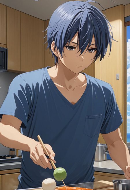 Tomoya Okazaki, masterpiece, best quality, (1boy), solo, male focus, High definition, grey blue hair, 4K, v-neck T-shirt, cooking dango