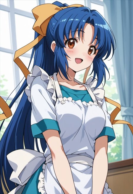 score_9, score_8_up, score_7_up, source_anime,  shimizu sayaka, long hair, blue hair, brown eyes, 1girl, solo, open mouth, smile, ponytail, blush, bow, ribbon, hair bow, apron, :d, hair ribbon