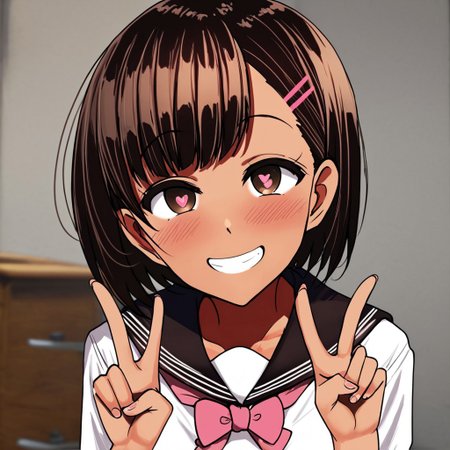 score_9, score_8_up, score_7_up, 1girl, one-piece tan, flat chest, brown eyes , indoors, brown hair, medium hair, slim waist, hair clip<lora:Motsuaki_StyleV1_r1:0.8>, solo, aroused, smug smile, blush, school uniform, heart shaped pupils, submissive, horny, teeth, peace sign