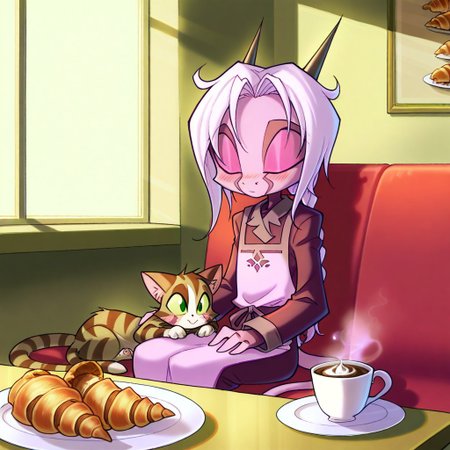 score_9, score_8_up, score_7_up,namah_calah,
1girl,solo,furry,tail, source_furry,horns,
 ,<lora:namah_calah_illustrious:0.8>,
child, kid, 
sips hot cocoa while a tabby cat naps on her lap. A half-eaten croissant sits on a floral plate, and sunlight streams through café windows, cafe, cat, hot_chocolate, croissant, plate, sunlight, lap, blush, floral_print, window_seat, steam, apron, braided_hair