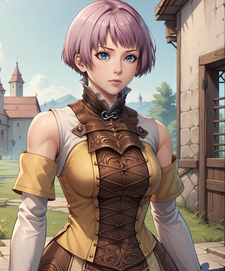 yulie,blue eyes, lavender hair,  short hair, 
standing,upper body,detached sleeves,brown attire,curvy,
outdoors,
(insanely detailed, masterpiece, best quality),solo,<lora:yulieWNC-10cl:0.9>,