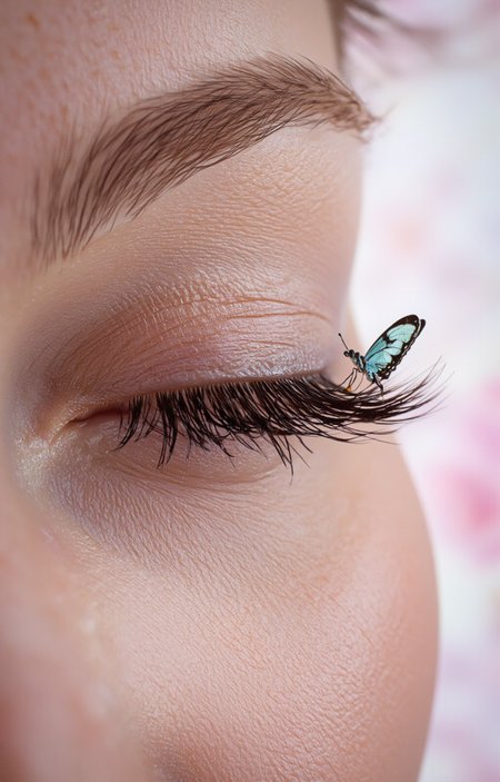 photograph that captures a close-up view of a human eye, focusing on the eyelash and the area around it. The eye is closed, with the eyelid slightly raised, revealing the smooth, light brown skin. The eyelash is adorned with a tiny, delicate butterfly, which appears to be perched delicately on the tip of the eyelash. The butterfly is a light blue with black and white markings, adding a touch of whimsy and elegance to the image. The background is blurred and consists of soft, pastel hues, primarily pink and white, creating a dreamy and ethereal atmosphere. The texture of the skin and the eyelash are smooth and finely detailed, while the butterfly appears almost ethereal, adding a surreal and artistic element to the image. The overall mood of the photograph is serene and poetic, capturing a moment of natural beauty and imagination., <lora:aidmaImageUpraderv0.3:0.4>, aidmaimageupgrader, <lora:diffusion_pytorch_model:1>, <lora:aidmaMJ6.1_v0.5_3:0.7>, aidmaMJ6.1, ultra quality, ultra detailed, intricate details