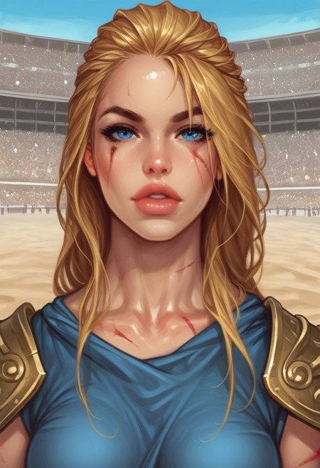 1girl, (((front view))), illustration, highly detailed, skinny, model body, looking at viewer, 1girl, masterpiece, best quality, femgladiator, scar, bloody, dynamic pose, <lora:Gladiator_F_For_Honor:0.9>
BREAK
(((((Bestiary gladiator armor))))), ((((dynamic pose))))
long hair, blonde hair, big hair, blue eyes,
(((a short soft tunic, arms and legs bandaged with tight bandages)))
best quality, depth of field, bokeh, (((full clothed))), 
BREAK 
((((outdoor, gladiator arena, sand, colosseum, scars, bloody:1.2)))) score_9, score_8_up, score_7_up, score_6_up, source_cartoon, rating_explicit, Expressiveh, ((((upper body))))), dynamic pose,