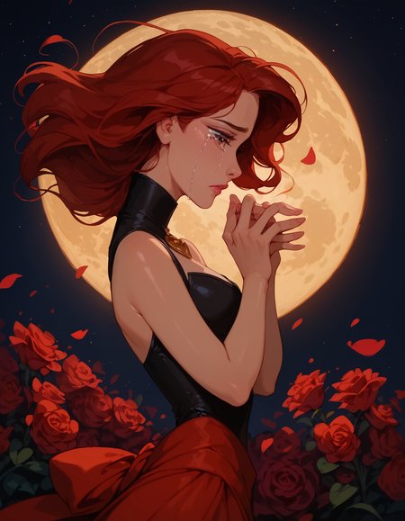<lora:Disney_Style:.9> <lora:princess_xl_v2:.75> <lora:add-detail-xl:.9> <lora:g0th1cPXL:.3> <lora:Cherry-Gig:.45> <lora:Expressive_H:1> <lora:PLASTT_PonyV6:1>  score_9, score_8_up, score_7_up, zPDXL, DisneyRenstyle, score_9,score_8_up,score_7_up,score_6_up, scenic balcony, night, moon, moon light, (red flower petals floating behind girl, floating rose petals behind girl, romantic), (((standing, 3/4 view, side view, side profile))), 
1girl, attractive 18 year old, red hair, short hair, messy hair, brown eyes, (((sad expression, tears, heartbroken))),  (((hand on heart, clutching heart, looking down))), (solo), (black leotard:1.2, high neck), (red sarong, red boots, black choker), (((holding red flowers by side, hand down, arms down))), shiny skin, perfect reflection, small hips, slender, hourglass figure, attractive, shiny skin, perfect reflection, small hips, slender, perfect face, perfect hands, g0thicPXL, Expressiveh, 
score_9, score_8_up, score_7_up, depth of field, realistic shadow, motion lines, Expressiveh, realistic, dramatic lighting, beautiful, animation, sharp focus, award winning, masterpiece,  dynamic, cinematic lighting, great attention to skin and eyes, breathtaking, exquisite, exceptional,