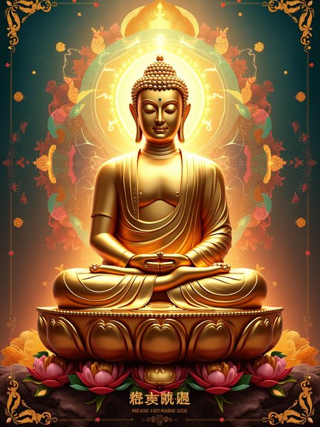 Revised Poster Design Concept: Golden Buddha Statue
Overall Style:

Luxurious and Serene with Vibrant Elements: The poster will showcase a Buddha statue made entirely of gold, emphasizing its metallic texture, but will now incorporate a colorful and intricate background to enhance visual appeal.
Buddha Statue Design:

Pose: The Buddha will remain in a classic seated pose, with a peaceful expression and gentle eyes, reflecting inner tranquility and wisdom.
Material Effect: The statue will have a smooth metallic finish, reflecting light to create a sense of opulence and divinity.
Background Design:

Colorful Aura: The background will feature a radiant, multi-colored aura surrounding the Buddha, reminiscent of traditional Buddhist art, incorporating shades of blue, pink, green, and yellow to symbolize enlightenment and positivity.
Complex Patterns: Integrate intricate mandala designs or swirling patterns in the background, adding depth and complexity to the overall visual.
Radiant Light:

Halo and Rays: Surrounding the Buddha, add a vibrant halo and dynamic rays of light in various colors, symbolizing wisdom and spirituality, enhancing the visual impact of the statue.
Text:
Additional Elements:
Lotus Patterns: Incorporate detailed lotus motifs at the base of the statue or within the background, symbolizing purity and awakening, with a gradient of colors to match the overall theme.
Delicate Decorations: Add subtle geometric patterns or ornate golden embellishments in the background to enhance the overall artistic feel and richness of the design.
Overall Effect:
This revised poster will blend wealth and spirituality through the luxurious golden Buddha statue while incorporating vibrant colors and intricate designs to create a more dynamic and captivating visual.  The colorful background and light effects will evoke a sacred atmosphere, while the text at the bottom reinforces the theme of prosperity.  The overall design will not only attract viewers' attention but also inspire contemplation and a sense of awe.