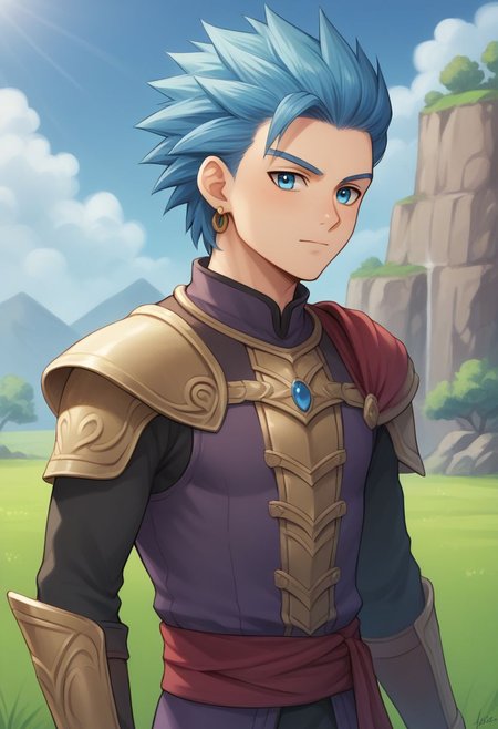 score_9, score_8_up, score_7_up, source_anime, highly detailed, 1boy, solo, male_focus, half body, skinny,
erik, 1boy, blue hair, male focus, solo, blue eyes, gloves, armor, jewelry, earrings,
fingerless gloves, spiked hair, shoulder armor, black gloves,
outdoor,