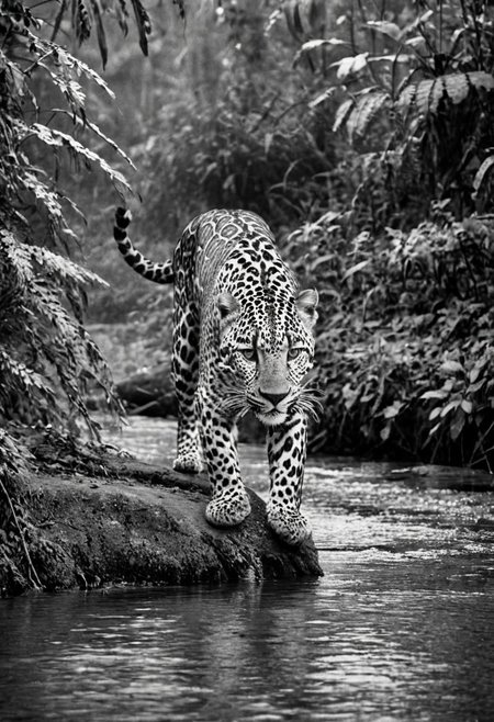 a (black and white:1.5) photo of a leopard, in the jungle, drinking at the at the edge of a river, at dusk, dense jungle forest, dramatic lights, shallow depth of field, blurred background, extreme details, intricate details, 8k, 35mm photo, photorealism, realistic photo, national geographic style, masterpiece, film photography style
