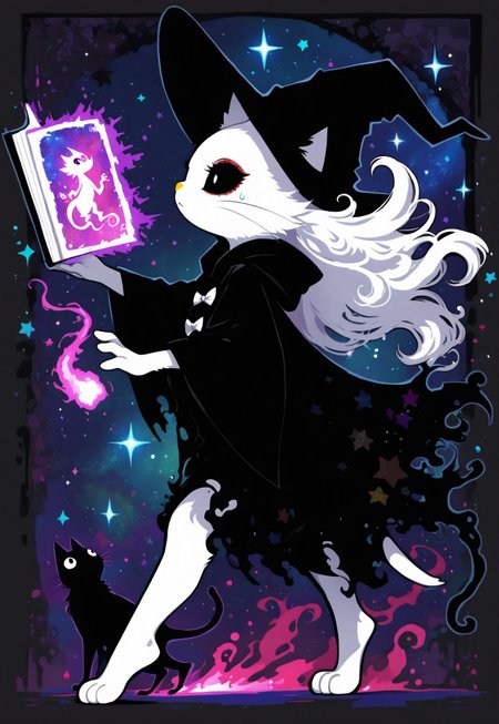 score_9, score_8_up, score_7_up, Nameless_Style, <lora:haroneko:1>, _Style, furry, Cartoon_Type, cute, stylish, pose, extremely detailed, high quality, haroneko, 1girl, anthro cat, wizard, white fur, black eyes, yellow nose, whiskers, barefoot, (close up:1.4), magical library background, large frog, book exploding, surprised, sweatdrop, looking disgusted, spirit, spirit from book, terrifying spirt, , bow, sassy pose, cute background, abstract background, stars, from side, holding book, interacting with object,
masterpiece ,amazing quality,  intricate details , sometyome_illu ,xxx667_illu , reij-incs, reij-incs, silhouette character, flowing hair, thin black outline,