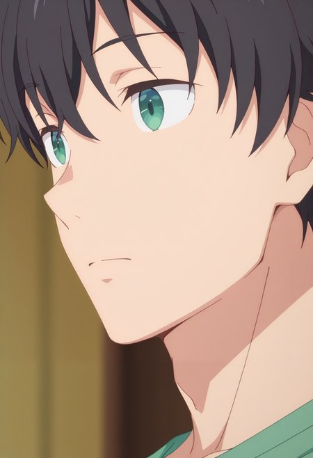 masterpiece, best quality, amazing quality,high resolution, intricate details,official style,depth of field,anime coloring,anime screencap , , , 1boy, solo, male focus, <lora:Yuuta_Asamura:0.85>,yuuta asamura,black hair,green eyes,short hair,portrait,close up